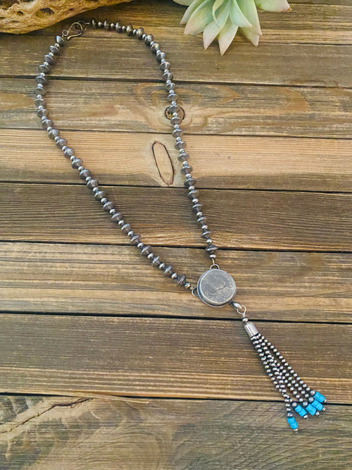 Navajo Turquoise & Sterling Silver Pearl Beaded Coin Tassel Necklace