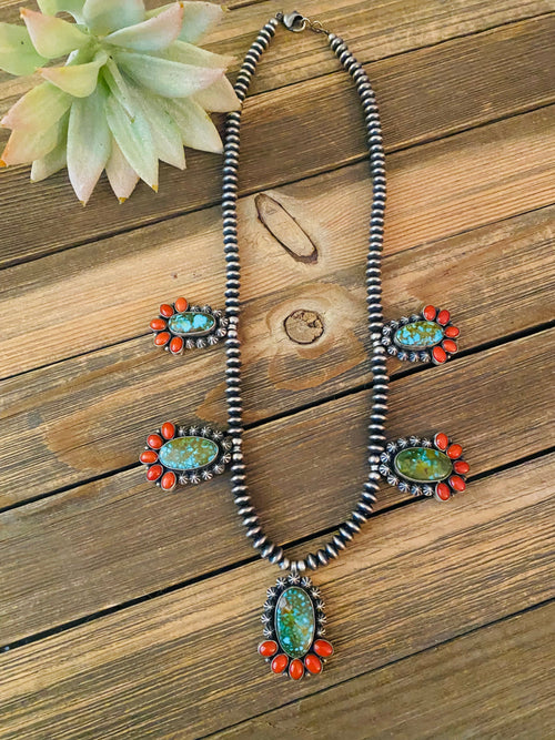 Handcrafted Sterling Kingman Turquoise & Natural Red Coral Necklace Taos Collection