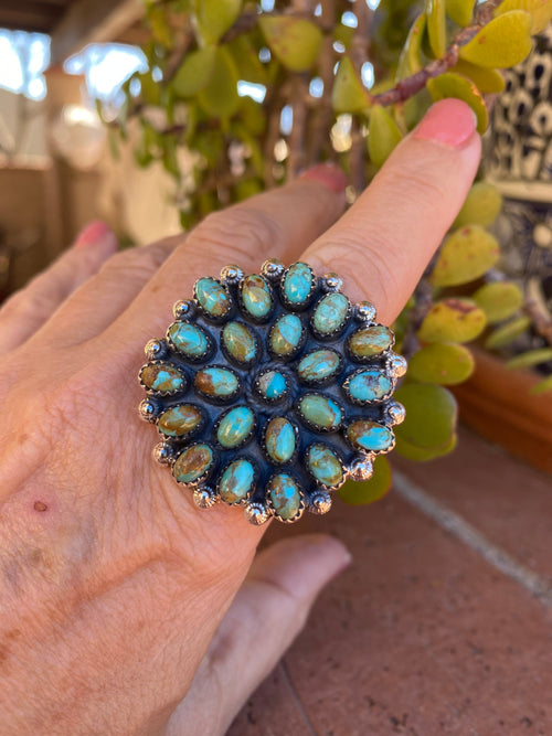 Handmade Round Royston Turquoise And Sterling Silver Adjustable Ring