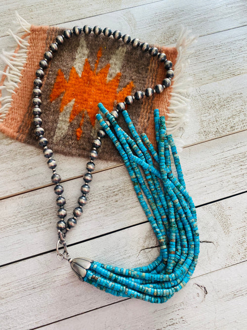 Navajo Turquoise & Sterling Silver Pearl Beaded Tassel Necklace