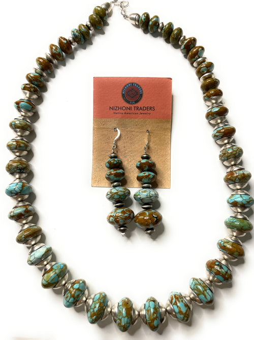 Navajo Sterling Silver Natural Number 8 Turquoise Beaded Necklace Earrings Set