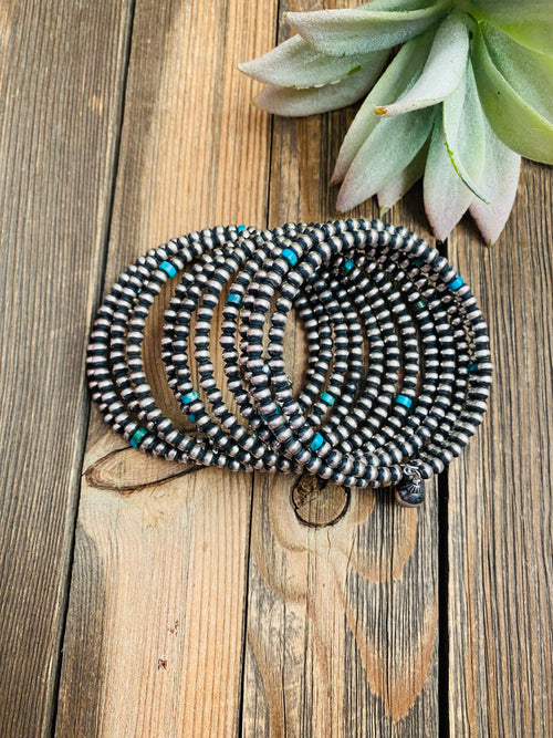 Navajo Turquoise & Sterling Silver Pearl Beaded Wrap Bracelet