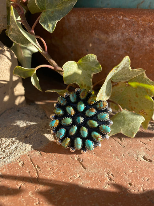 Handmade Round Royston Turquoise And Sterling Silver Adjustable Ring