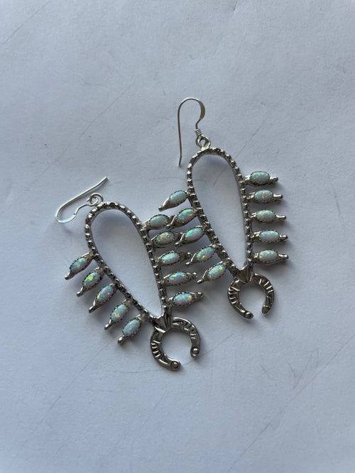 Handcrafted Sterling Silver & Opal Squash Blossom Dangle Earrings