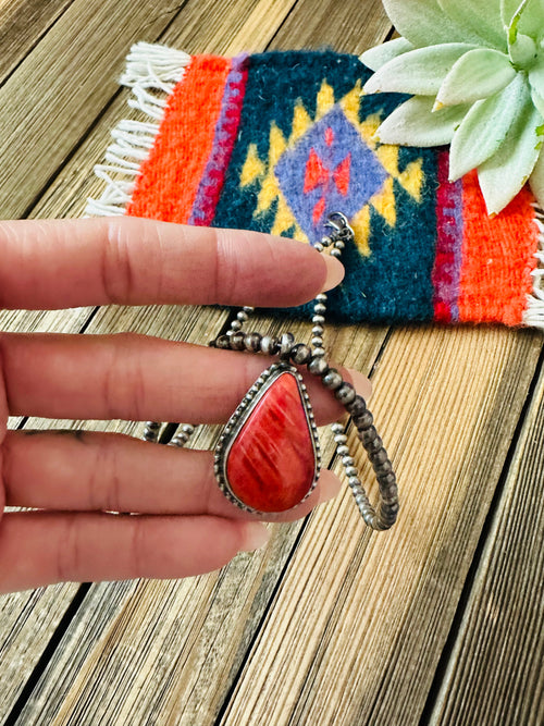 Navajo Sterling Silver Pearl & Orange Spiny Beaded Necklace