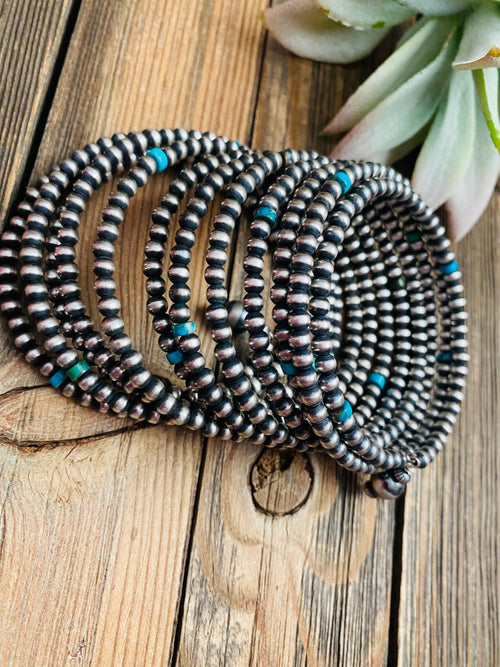 Navajo Turquoise & Sterling Silver Pearl Beaded Wrap Bracelet