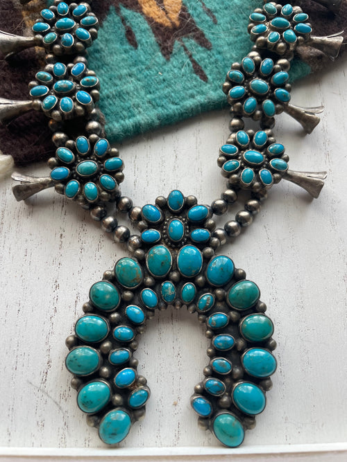 Navajo Royston Turquoise & Sterling Squash Blossom Set Signed