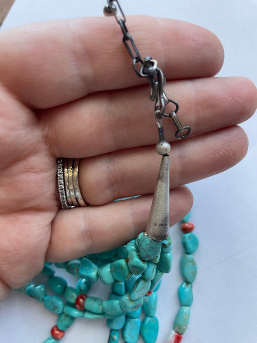 Navajo Turquoise & Sterling Silver 5 Strand Beaded Necklace