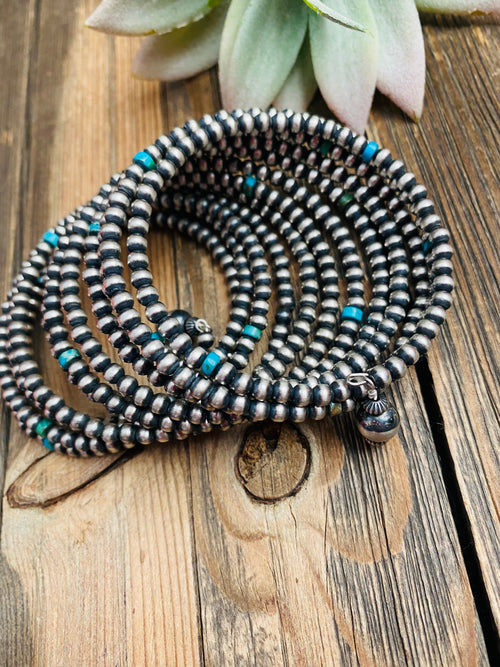 Navajo Turquoise & Sterling Silver Pearl Beaded Wrap Bracelet