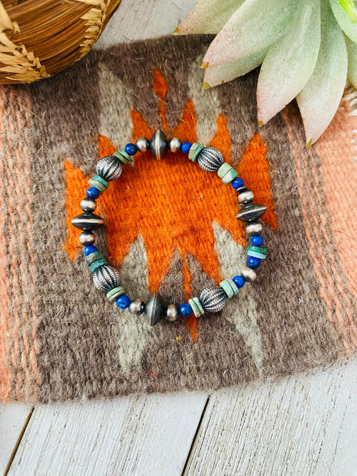 Handmade Turquoise, Lapis & Sterling Silver Beaded Stretch Bracelet