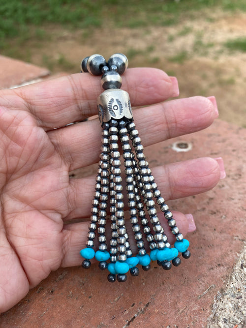 Navajo Sterling Silver Beaded Turquoise Tassel Necklace