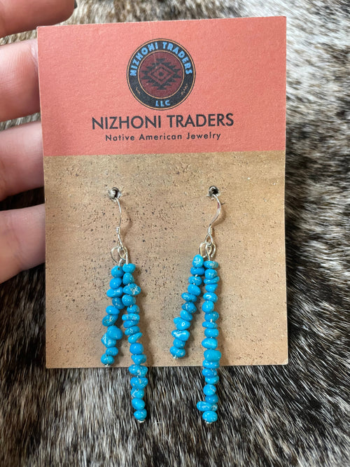 Navajo Sterling Silver & Turquoise Beaded Dangle Earrings DBL Strand