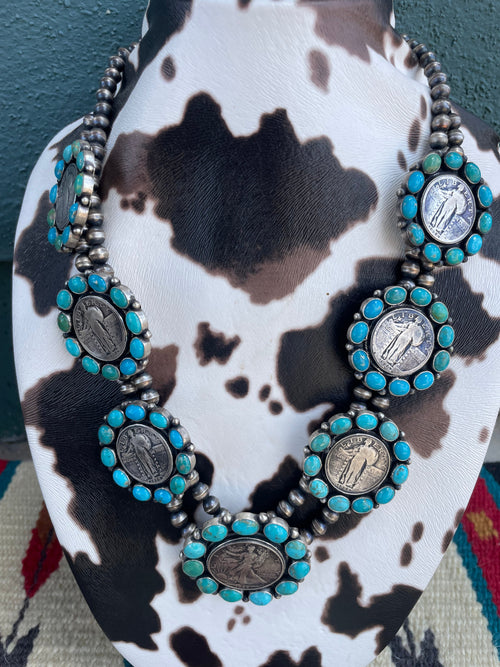 Handcrafted Turquoise & Sterling Silver Liberty Coin Necklace Earrings Set Signed Bea Tom