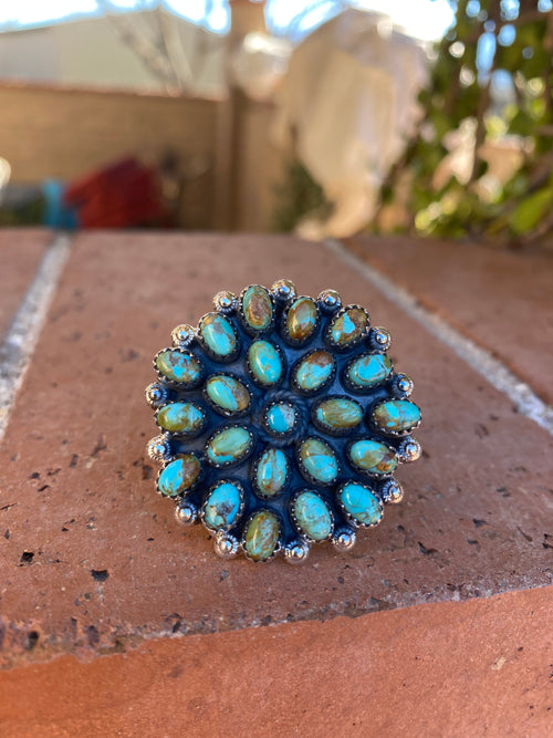 Handmade Round Royston Turquoise And Sterling Silver Adjustable Ring