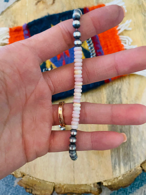Navajo Sterling Silver Pearl & Queen Pink Conch Beaded Necklace 5mm