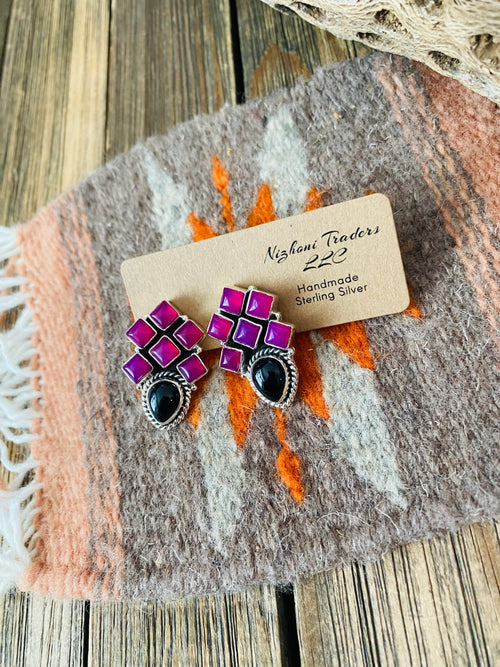 Handmade Pink & Black Onyx Sterling Silver Post Earrings Signed Nizhoni