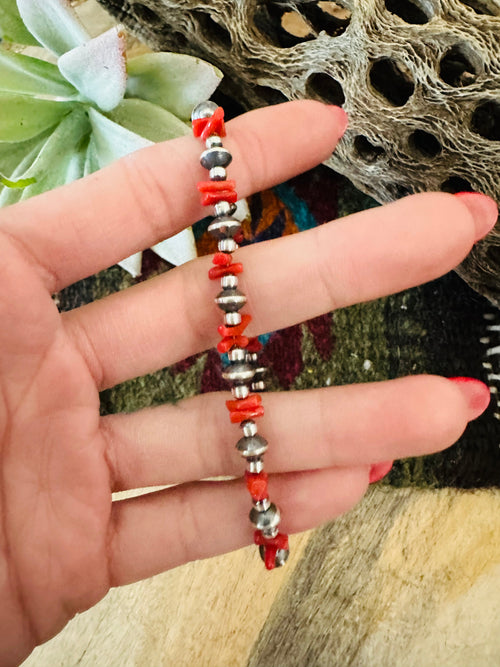 Navajo Coral & Sterling Silver Beaded Bracelet