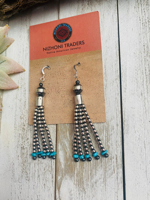 Navajo Turquoise & Sterling Silver Pearl Beaded Tassel Dangle Earrings