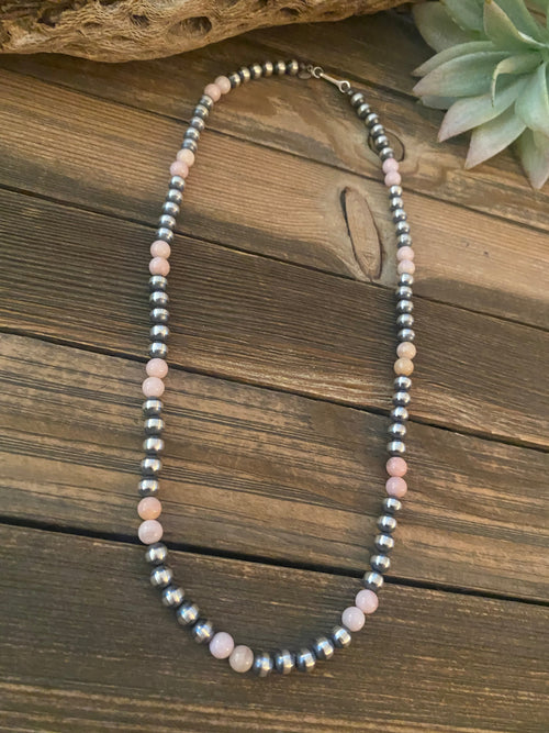 Navajo Sterling Silver Pearl & Pink Opal Beaded Necklace 30 inch