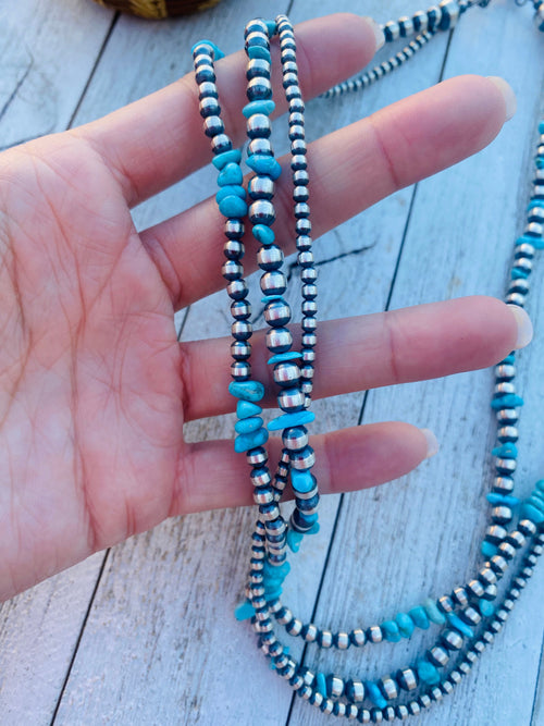 Navajo Turquoise & Sterling Silver Pearl Triple Strand Beaded 20” Necklace