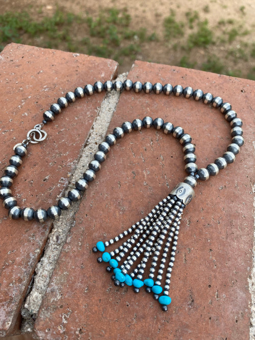 Navajo Sterling Silver Beaded Turquoise Tassel Necklace