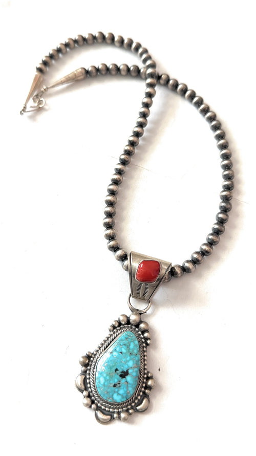 Navajo Sterling Silver, Turquoise & Coral Beaded Necklace