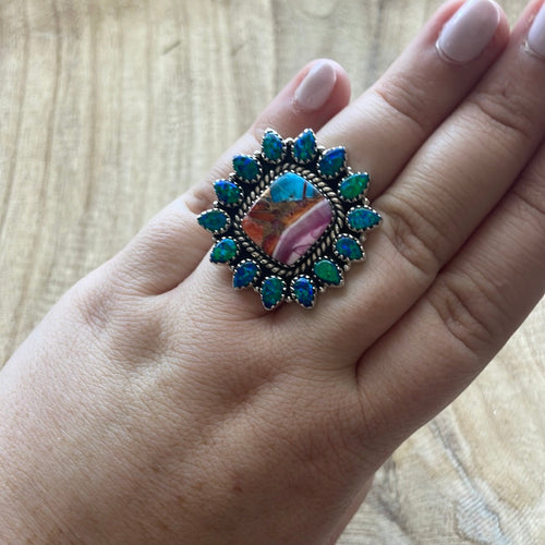 Beautiful Handmade Pink Dream, Fire Opal And Sterling Silver Adjustable Ring Signed Nizhoni