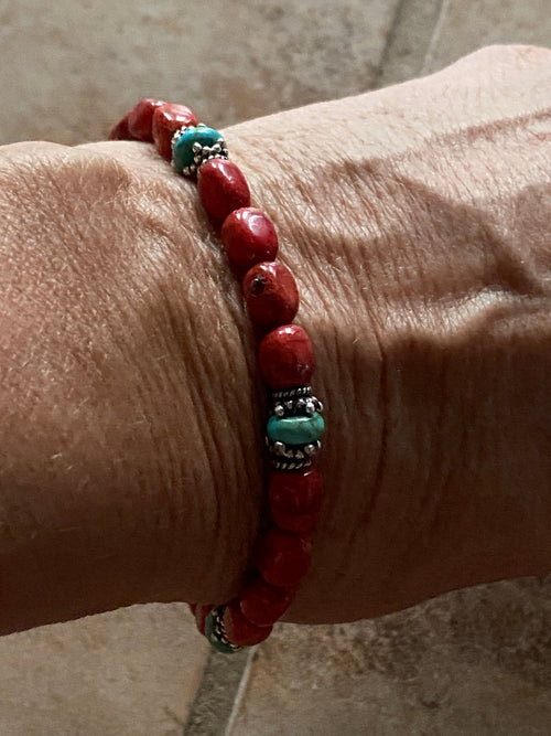 Navajo Coral, Turquoise & Sterling Silver Beaded Bracelet