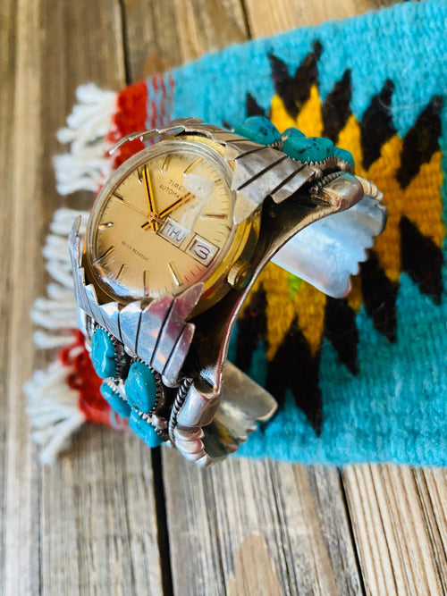 Old Pawn Vintage Navajo Kingman Turquoise & Sterling Silver Watch Cuff