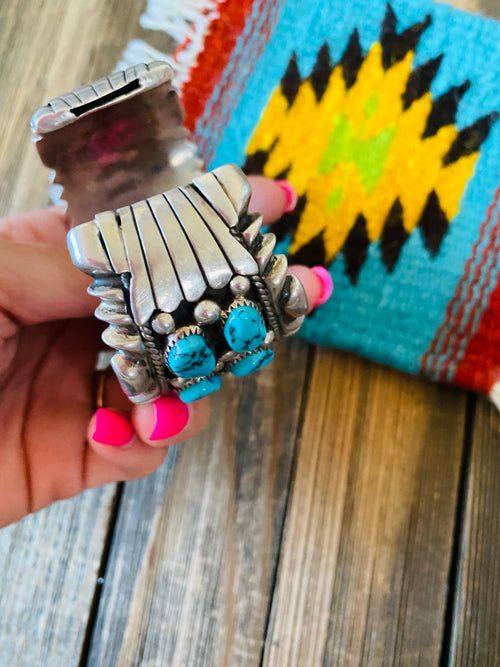 Old Pawn Vintage Navajo Kingman Turquoise & Sterling Silver Watch Cuff