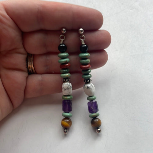 Navajo Sterling Silver And Multi Stone Dangle Beaded Earrings