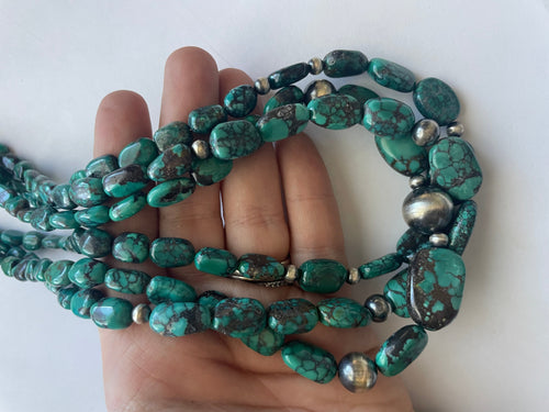 Navajo Turquoise & Sterling Silver 3 Strand Beaded Necklace