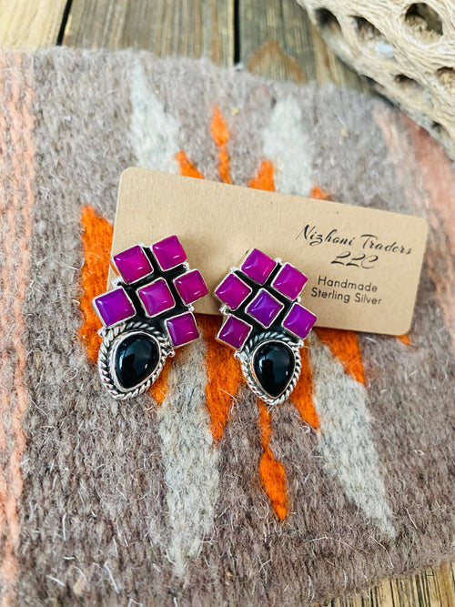 Handmade Pink & Black Onyx Sterling Silver Post Earrings Signed Nizhoni