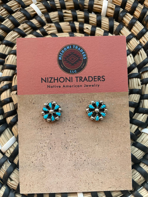 Zuni Sterling Silver & Turquoise Flower Stud Earrings