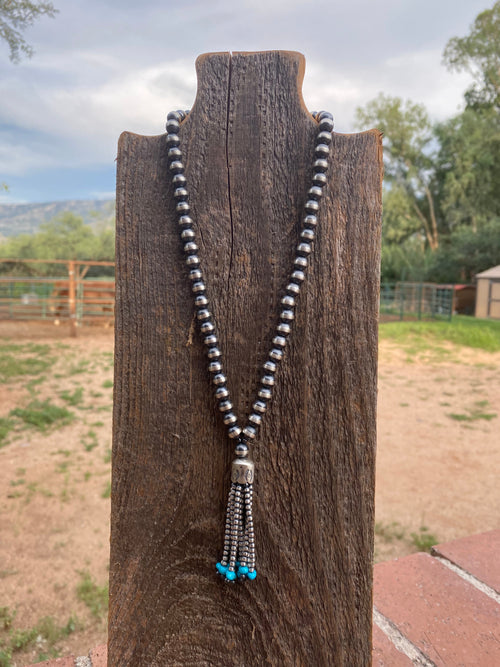 Navajo Sterling Silver Beaded Turquoise Tassel Necklace