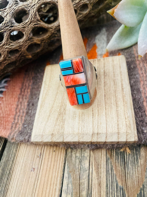 Old Pawn Vintage Handcrafted Sterling Silver, Turquoise & Spiny Inlay Ring Size 11