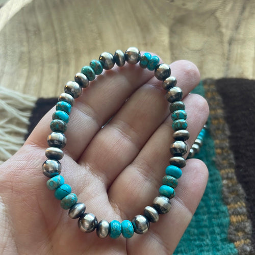 Navajo Sterling Silver & Turquoise Beaded Stretch Bracelet