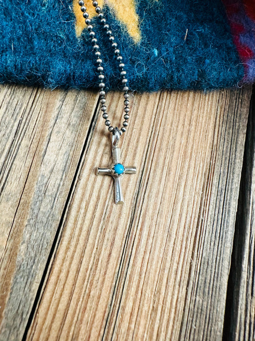 Navajo Turquoise & Sterling Silver Mini Cross Pendant