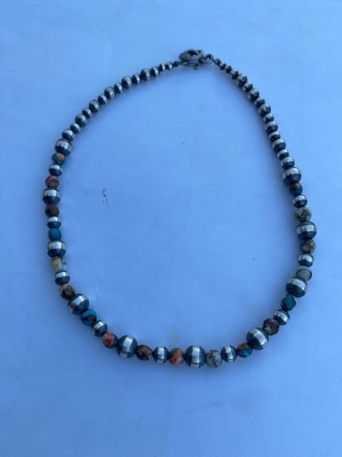 Navajo Turquoise & Spiny Spice Sterling Silver Beaded Necklace 16 inch