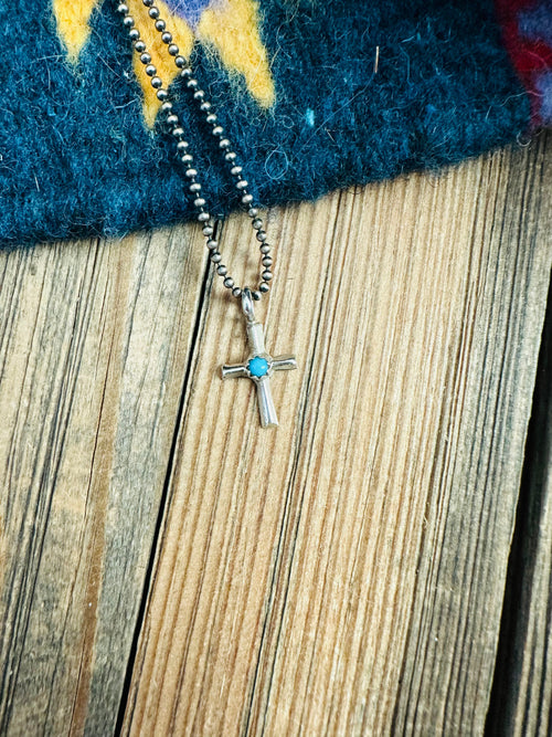 Navajo Turquoise & Sterling Silver Mini Cross Pendant