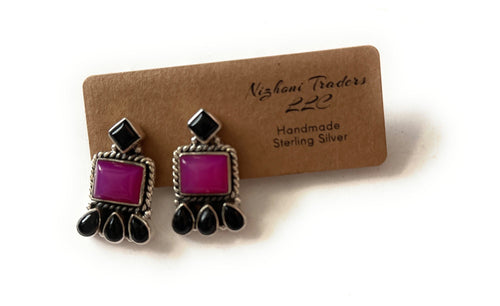 Handmade Pink and Black Onyx Sterling Silver Post Earrings Signed Nizhoni