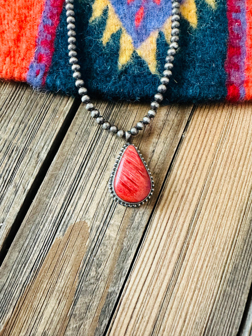 Navajo Sterling Silver Pearl & Orange Spiny Beaded Necklace