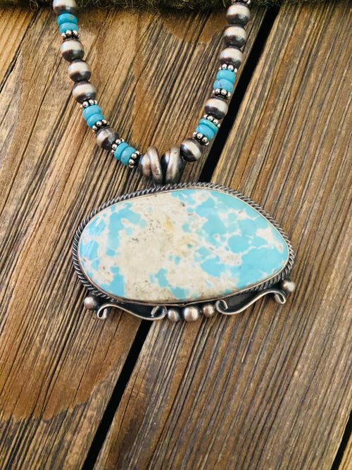 Navajo Sterling Silver & Carico Lake Turquoise Beaded Necklace