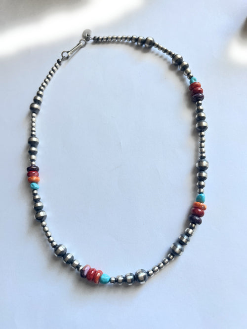 Navajo Sterling Silver & Multi Stone Beaded Necklace 14”