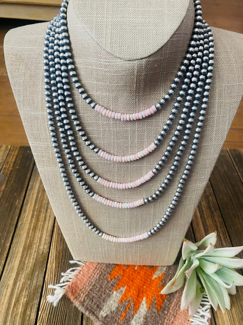 Navajo Sterling Silver Pearl & Queen Pink Conch Beaded Necklace 5mm