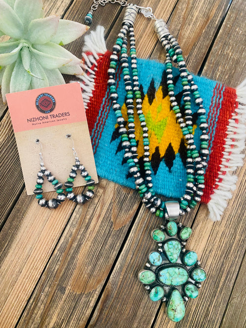 Navajo Sterling Silver & Sonoran Mountain Turquoise Beaded Necklace Set