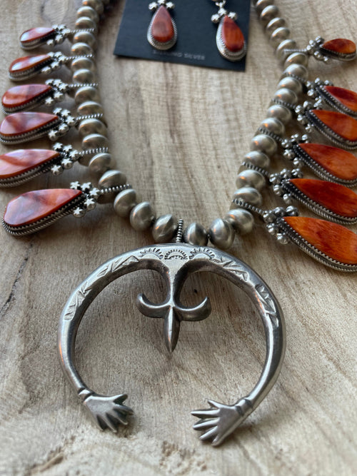 Navajo Orange Spiny And Sterling Silver Squash Blossom Necklace Earrings Set By Selena Warner