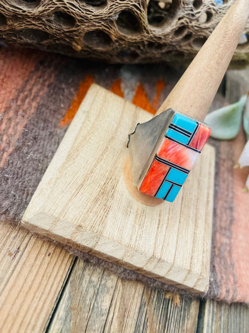 Old Pawn Vintage Handcrafted Sterling Silver, Turquoise & Spiny Inlay Ring Size 11