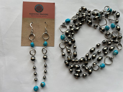 Navajo Sterling Silver & Turquoise Beaded Necklace & Earrings Set