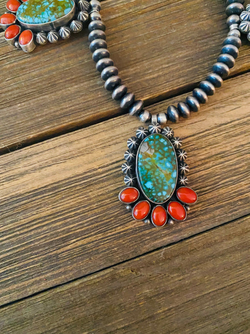 Handcrafted Sterling Kingman Turquoise & Natural Red Coral Necklace Taos Collection